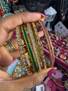 Gold-Plated Multicolor Crystal Bangle Set – Pink & Green Accent